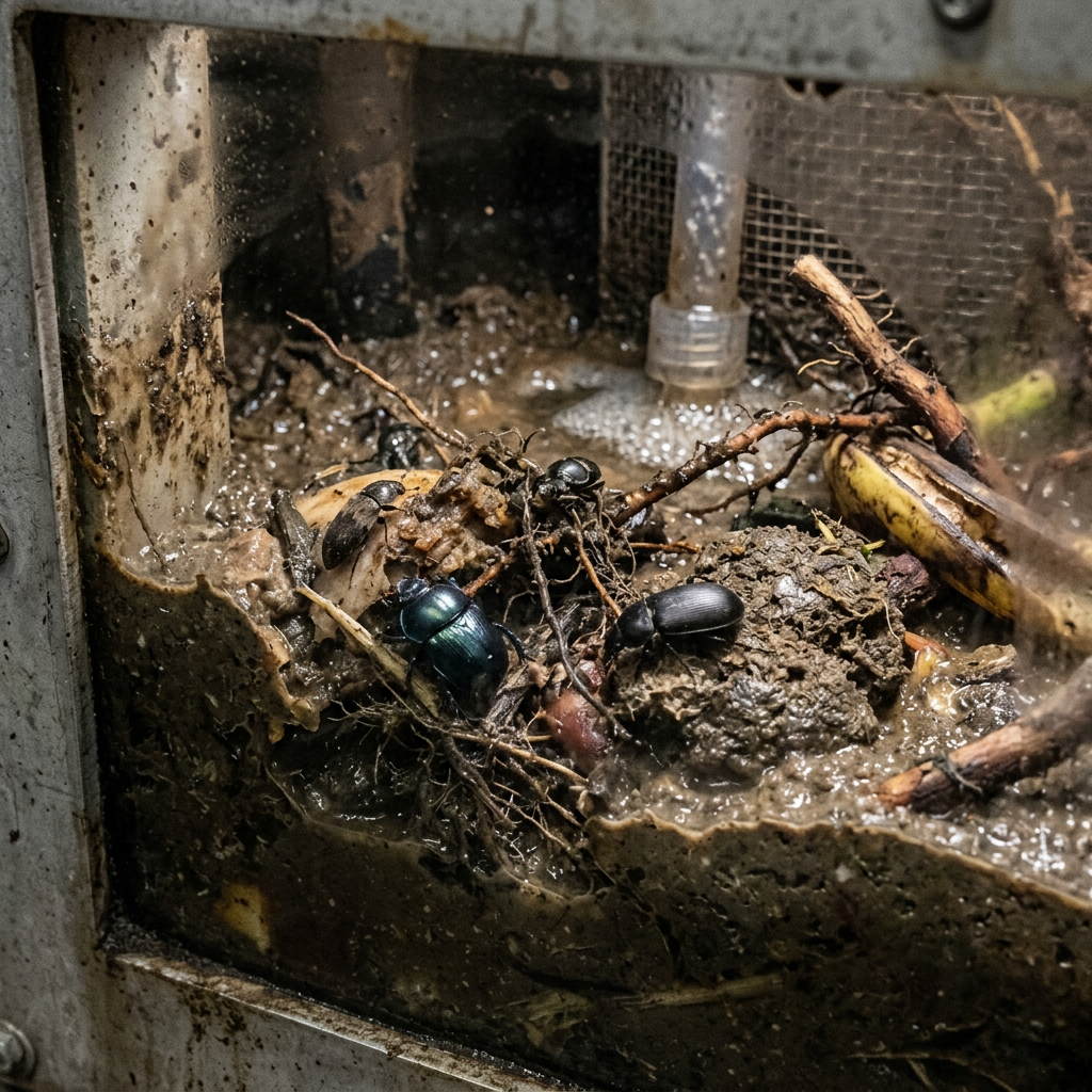 Beetles crawling on decomposing organic matter including roots, soil, and banana peel in wet compost